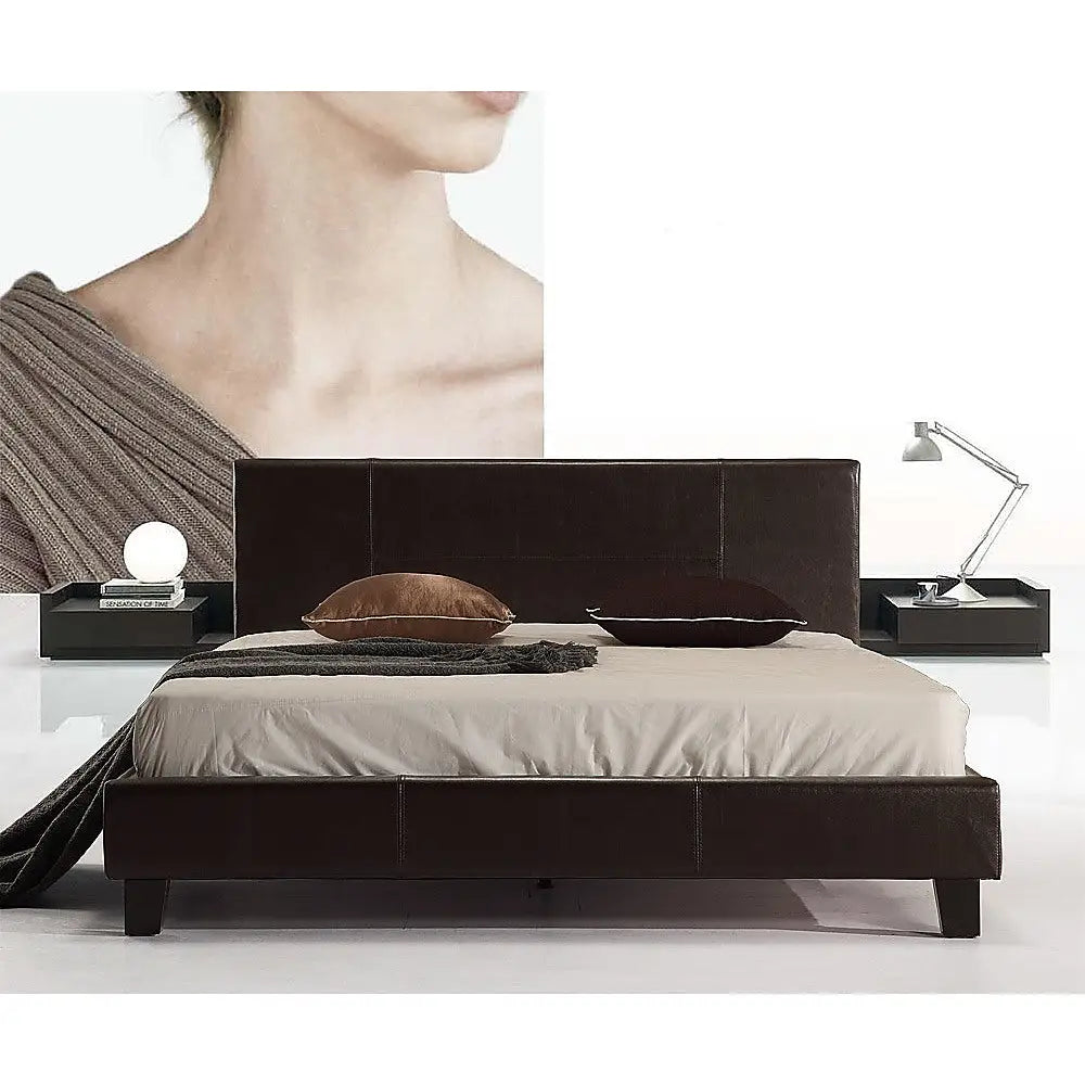 Double PU Leather Bed Frame Brown - Furniture > Bedroom