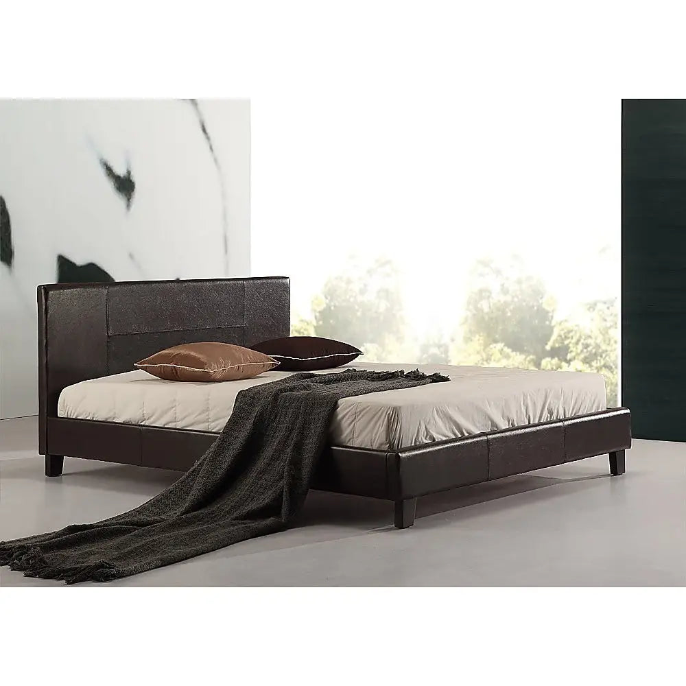 Double PU Leather Bed Frame Brown - Furniture > Bedroom