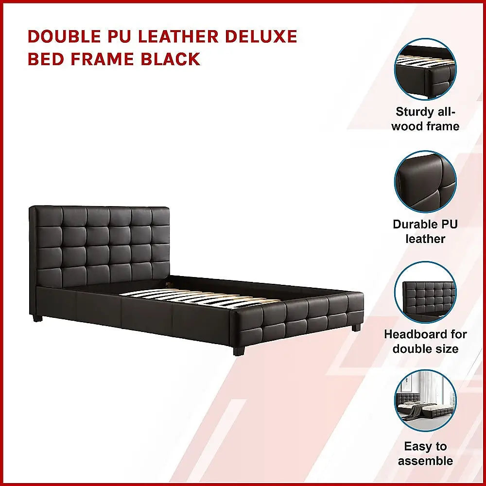 Double PU Leather Deluxe Bed Frame Black - Furniture > Bedroom
