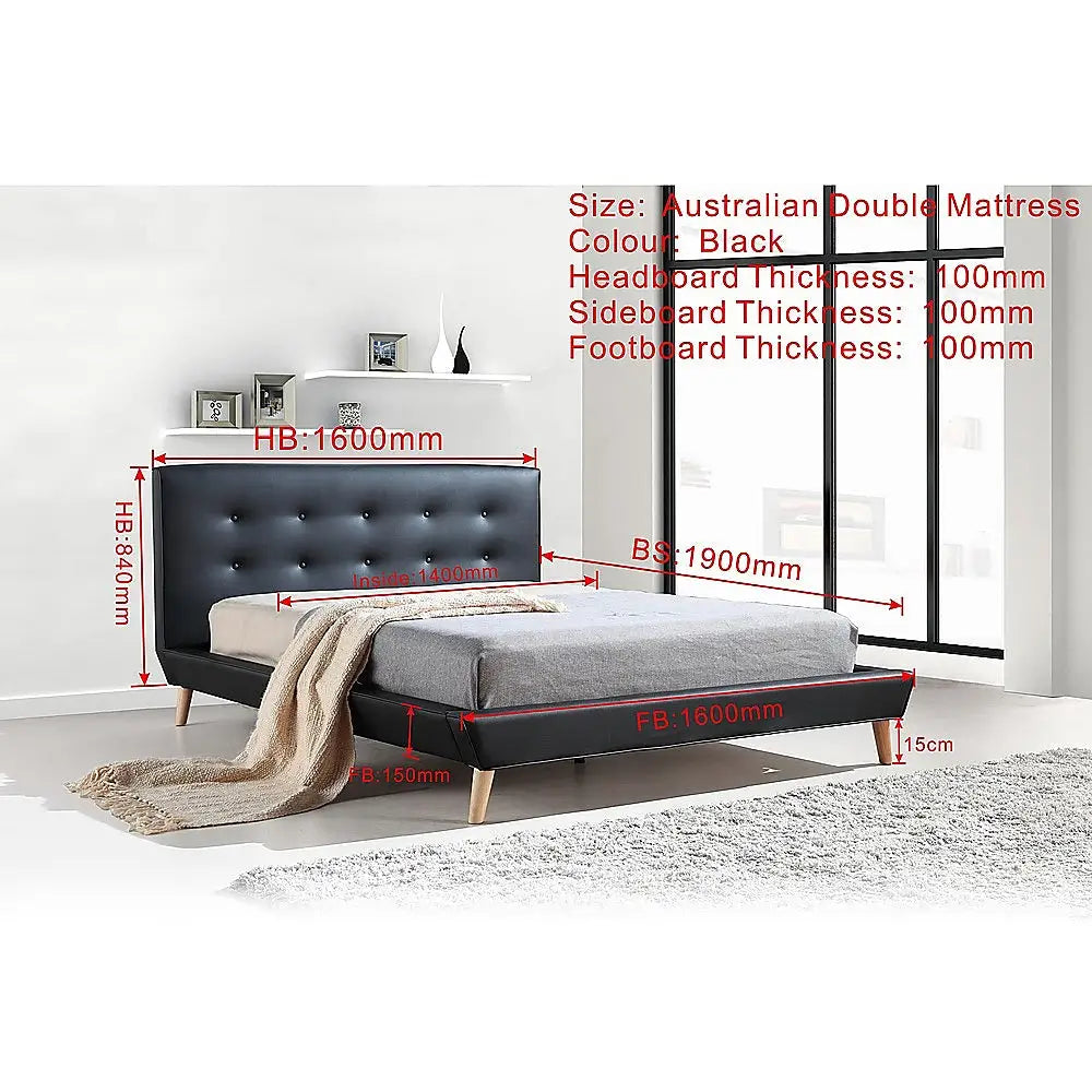 Double PU Leather Deluxe Bed Frame Black - Furniture > Bedroom > Beds & Bed Frames