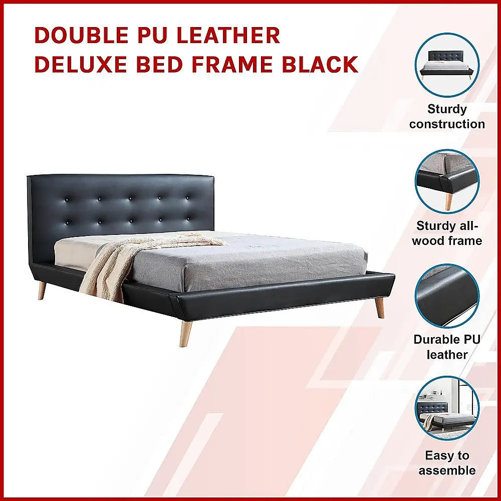 Double PU Leather Deluxe Bed Frame Black - Furniture > Bedroom > Beds & Bed Frames
