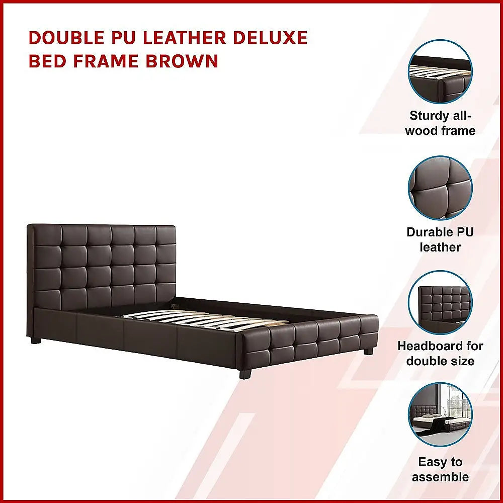 Double PU Leather Deluxe Bed Frame Brown - Furniture > Bedroom