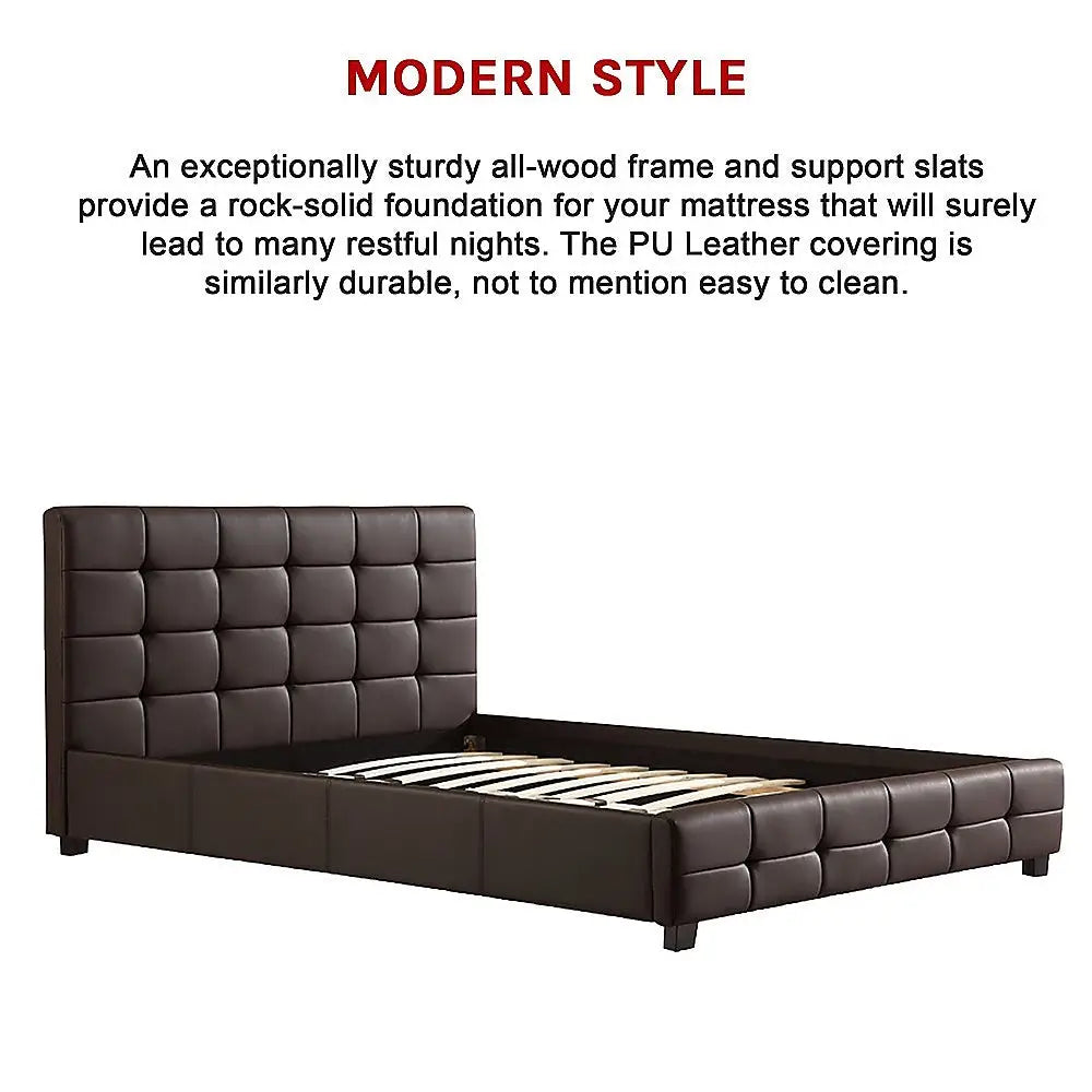 Double PU Leather Deluxe Bed Frame Brown - Furniture > Bedroom