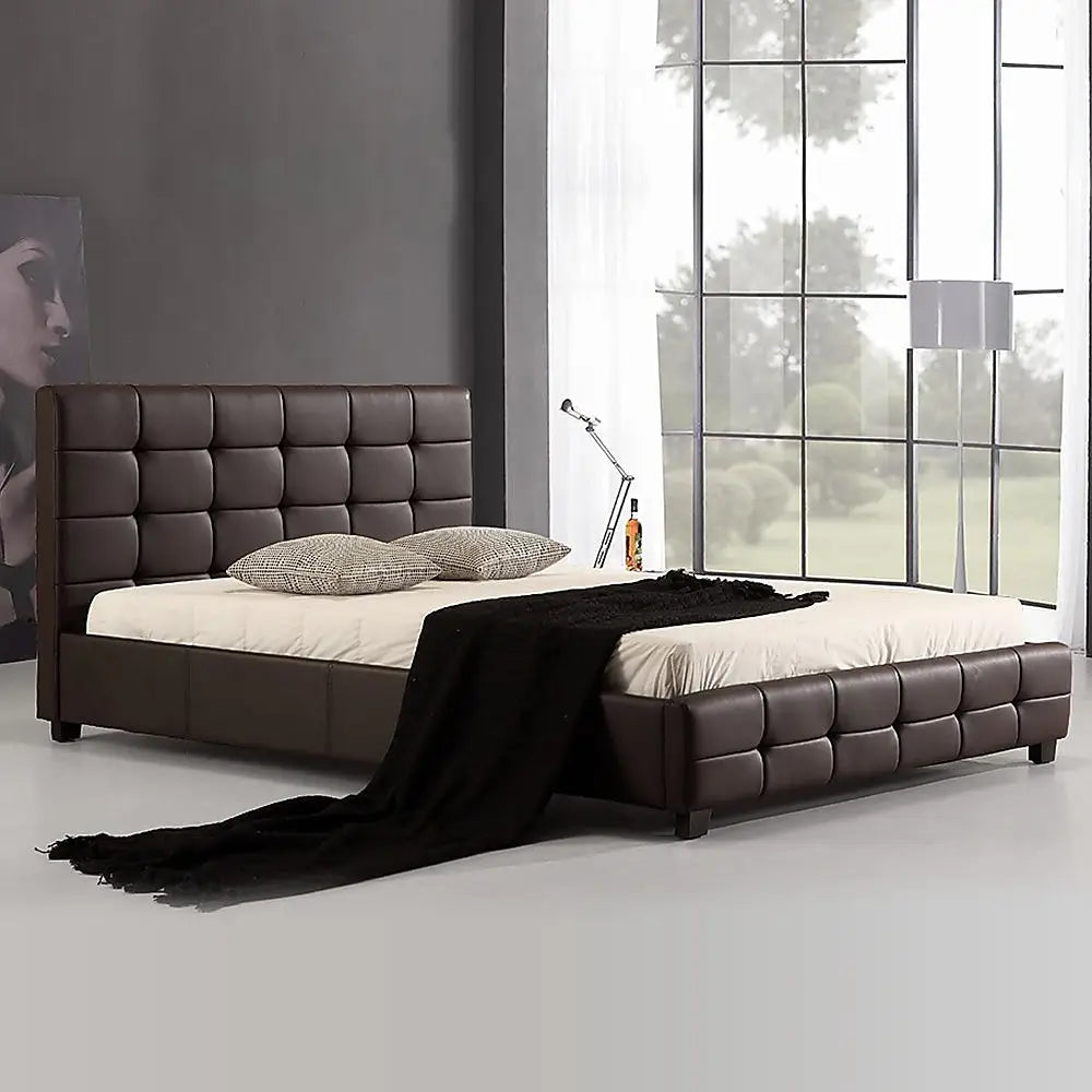 Double PU Leather Deluxe Bed Frame Brown - Furniture > Bedroom
