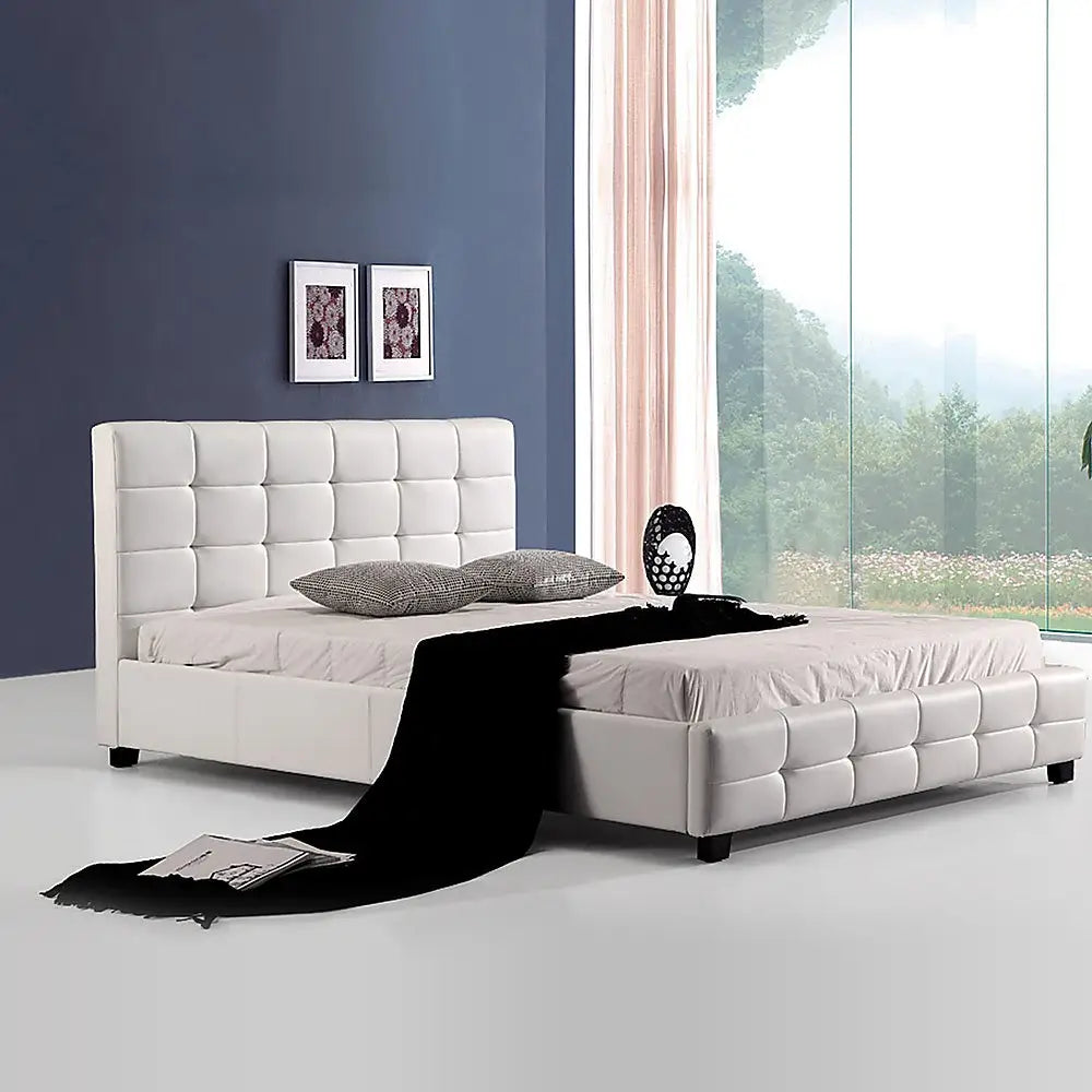 Double PU Leather Deluxe Bed Frame White - Furniture > Bedroom > Beds & Bed Frames