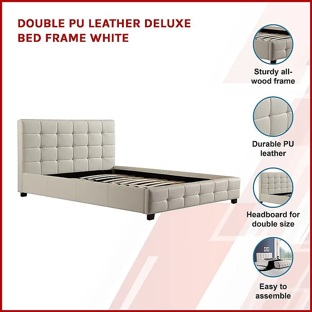 Double PU Leather Deluxe Bed Frame White - Furniture > Bedroom > Beds & Bed Frames