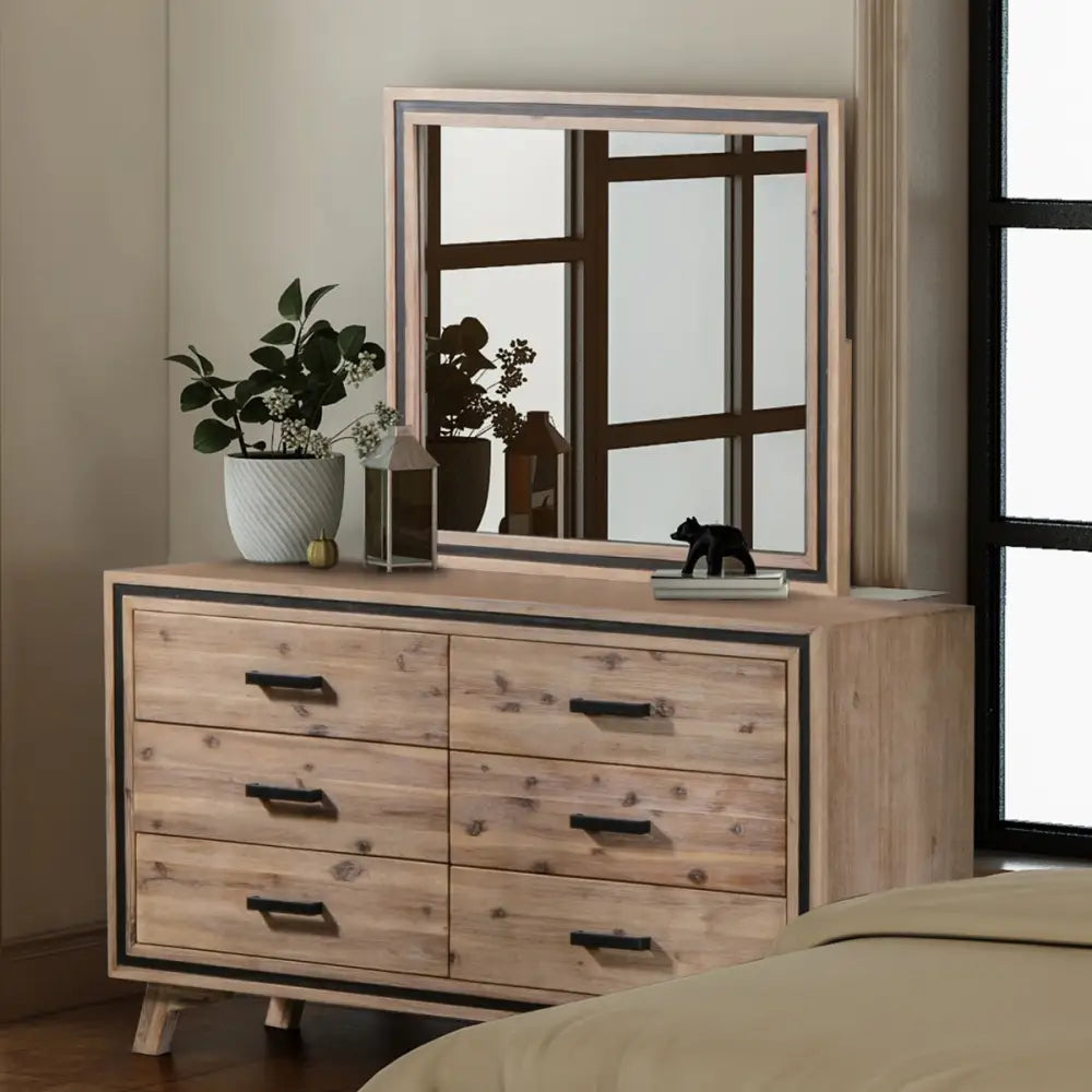 Dresser with 6 Storage Drawers in Solid Acacia With Mirror in Silver Brush Colour - Furniture > Living Room