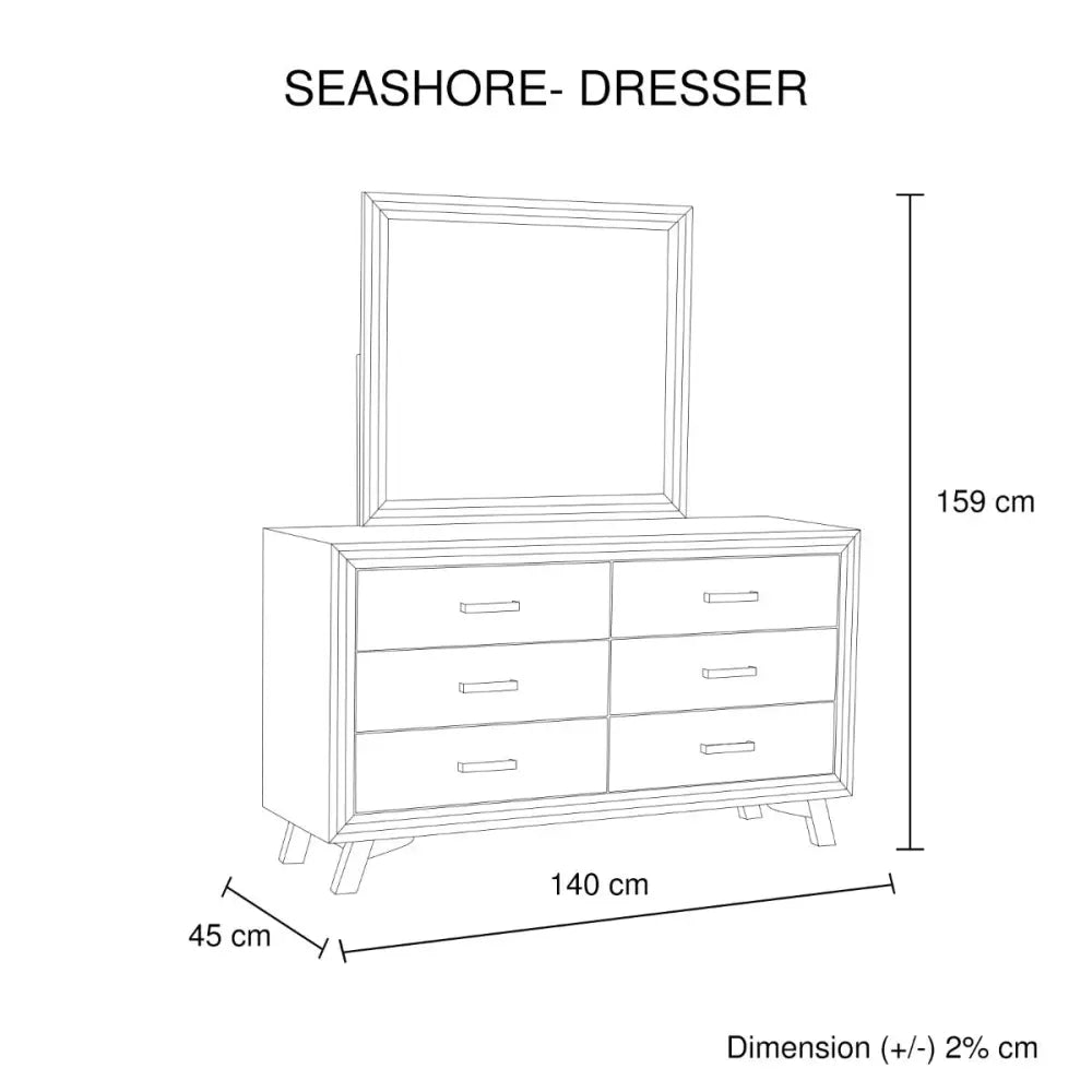 Dresser with 6 Storage Drawers in Solid Acacia With Mirror in Silver Brush Colour - Furniture > Living Room