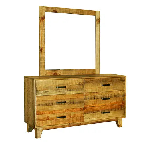 Dresser with 6 Storage Drawers in Solid Acacia With Mirror in Vintage Light Brown Colour - Furniture > Bedroom