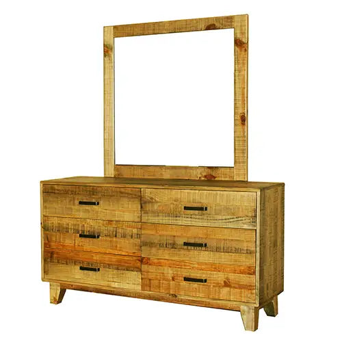 Dresser with 6 Storage Drawers in Solid Acacia With Mirror in Vintage Light Brown Colour - Furniture > Bedroom