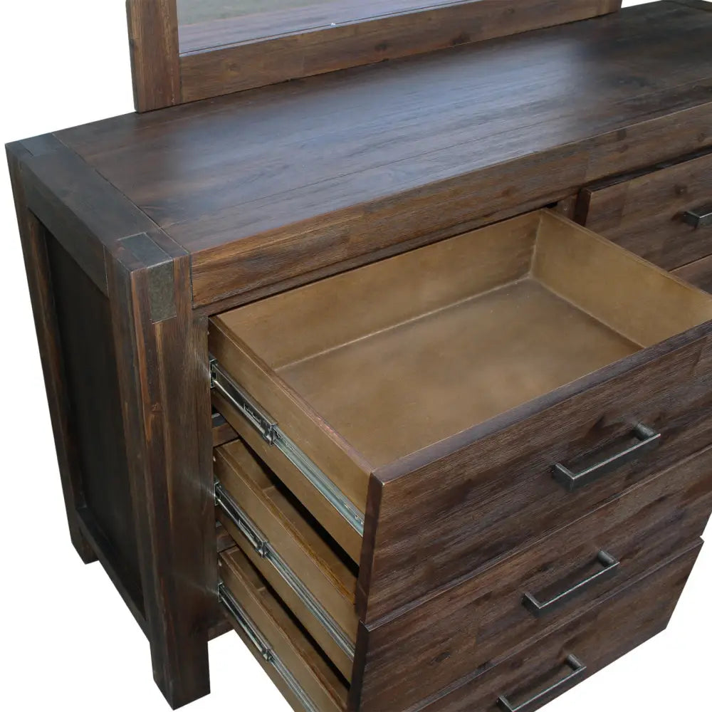 Dresser with 6 Storage Drawers in Solid Acacia & Veneer With Mirror in Chocolate Colour - Health & Beauty > Cosmetic