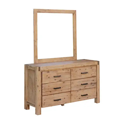 Dresser with 6 Storage Drawers in Solid Acacia & Veneer With Mirror in Oak Colour - Furniture > Bedroom