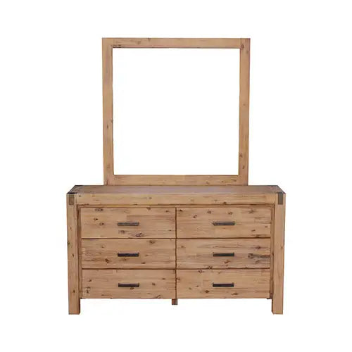 Dresser with 6 Storage Drawers in Solid Acacia & Veneer With Mirror in Oak Colour - Furniture > Bedroom