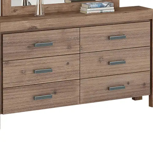Dresser with 6 Storage Drawers in Solid Acacia & Veneer With Mirror in Oak Colour - Furniture > Bedroom