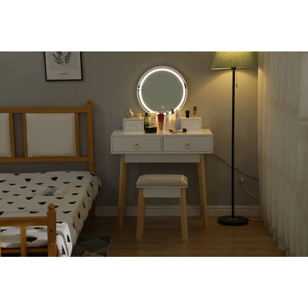 Dressing Vanity Table Stool Set with Make-up LED Lighted Mirror-White - Furniture > Bedroom