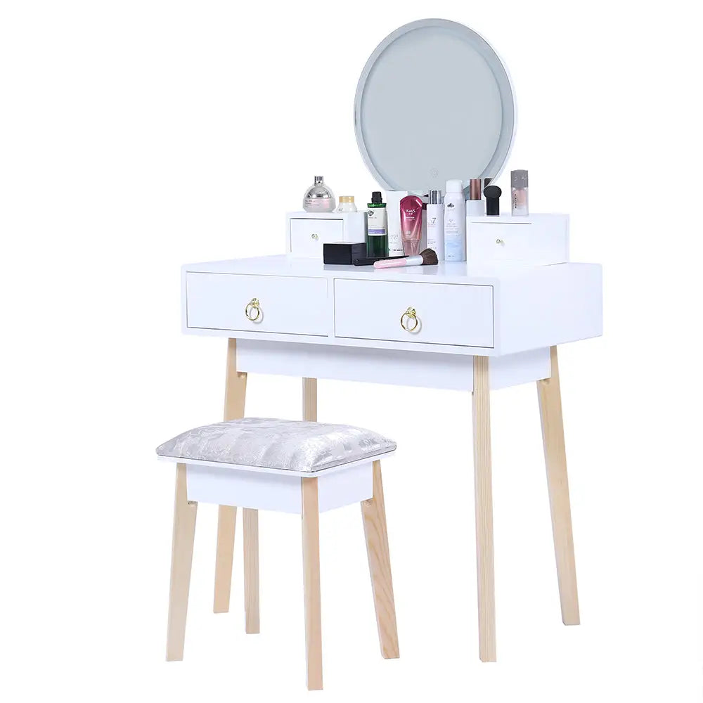 Dressing Vanity Table Stool Set with Make-up LED Lighted Mirror-White - Furniture > Bedroom