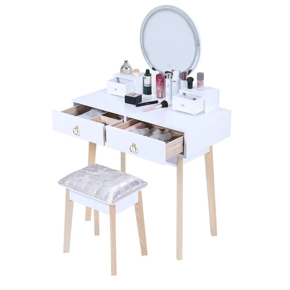 Dressing Vanity Table Stool Set with Make-up LED Lighted Mirror-White - Furniture > Bedroom