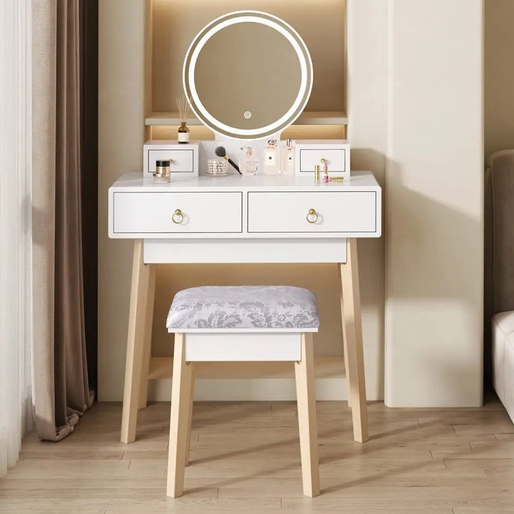 Dressing Vanity Table Stool Set with Make-up LED Lighted Mirror-White - Furniture > Bedroom