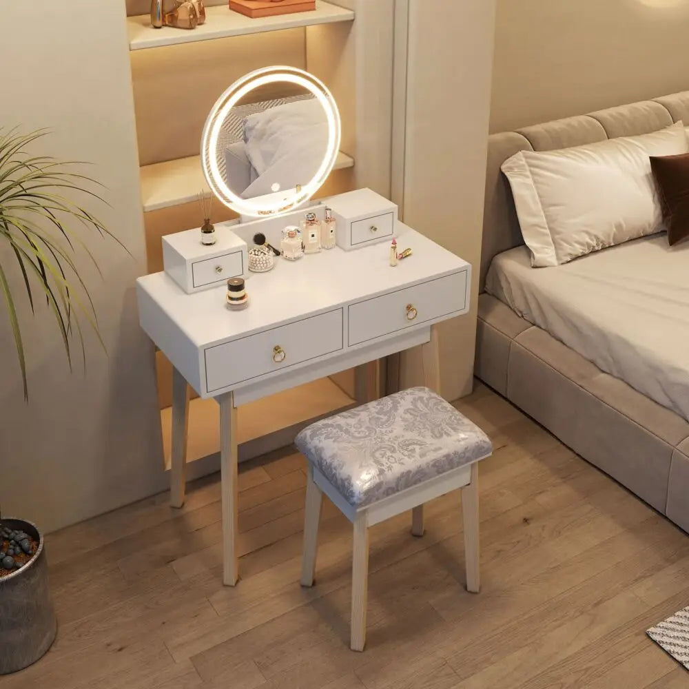 Dressing Vanity Table Stool Set with Make-up LED Lighted Mirror-White - Furniture > Bedroom