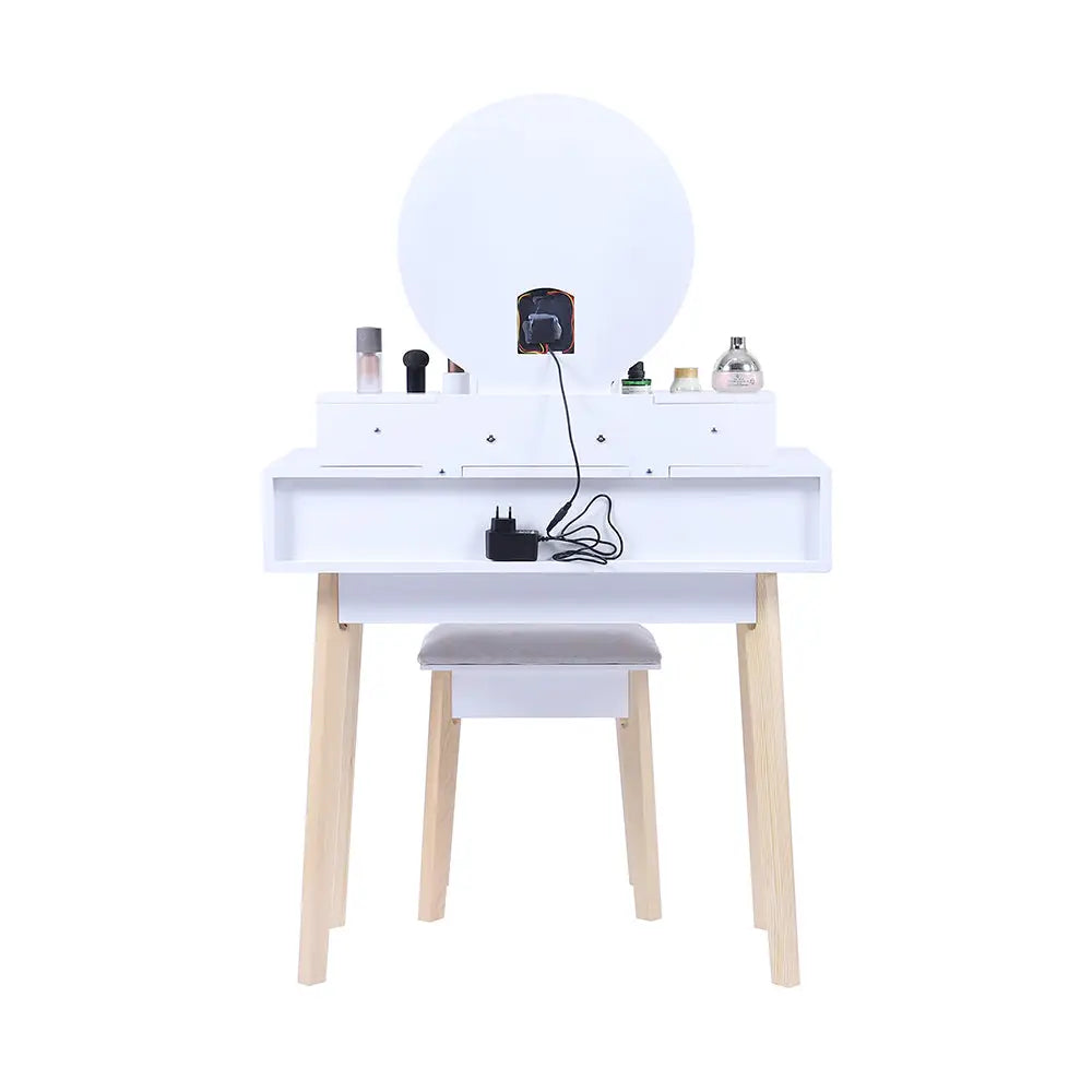 Dressing Vanity Table Stool Set with Make-up LED Lighted Mirror-White - Furniture > Bedroom
