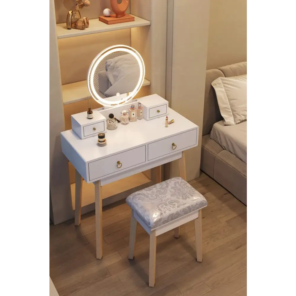 Dressing Vanity Table Stool Set with Make-up LED Lighted Mirror-White - Furniture > Bedroom