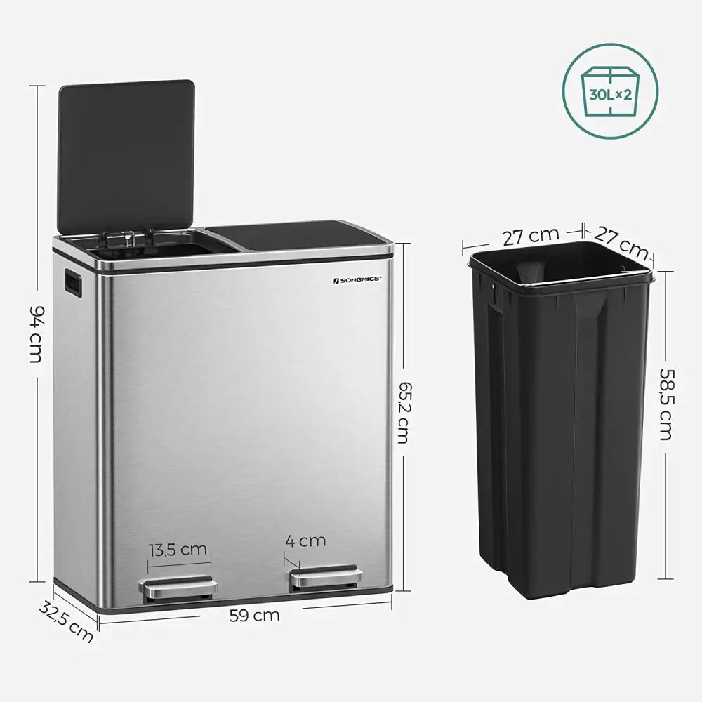 Dual Kitchen Bin 2 x 30L Silver - Home & Garden > Home & Garden Others