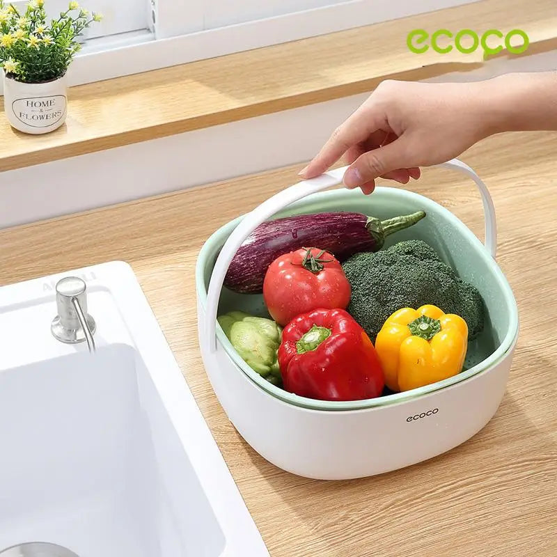 Ecoco Double Drain Basket Bowl Washing Kitchen Strainer Noodles Vegetables Fruit Sink Supplies Blue - Home & Garden >