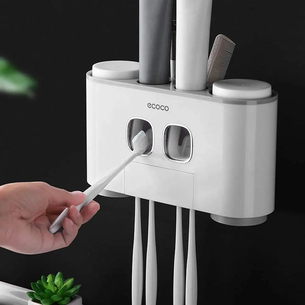 Ecoco Wall-Mounted Toothbrush Holder with 2 Toothpaste Dispensers 4 Cups and 5 Toothbrush Slots Toiletries Bathroom