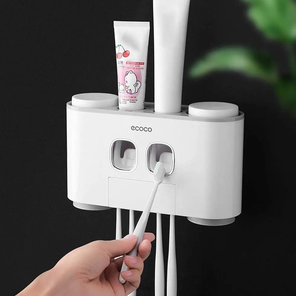 Ecoco Wall-Mounted Toothbrush Holder with 2 Toothpaste Dispensers 4 Cups and 5 Toothbrush Slots Toiletries Bathroom