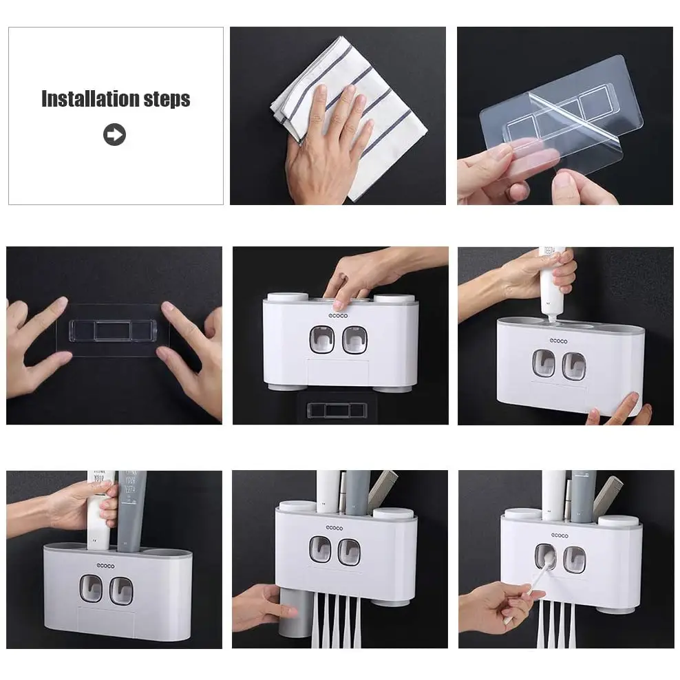 Ecoco Wall-Mounted Toothbrush Holder with 2 Toothpaste Dispensers 4 Cups and 5 Toothbrush Slots Toiletries Bathroom