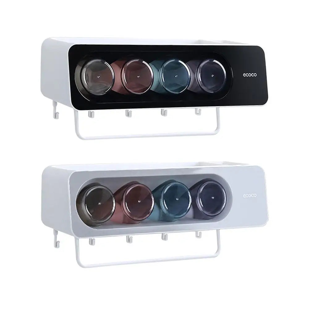 Ecoco Wall-Mounted Toothbrush Holder with 4 Cups and 4 Toothbrush Slots Toiletries Bathroom Storage Rack Black - Home &