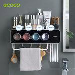 Ecoco Wall-Mounted Toothbrush Holder with 4 Cups and 4 Toothbrush Slots Toiletries Bathroom Storage Rack Black - Home &