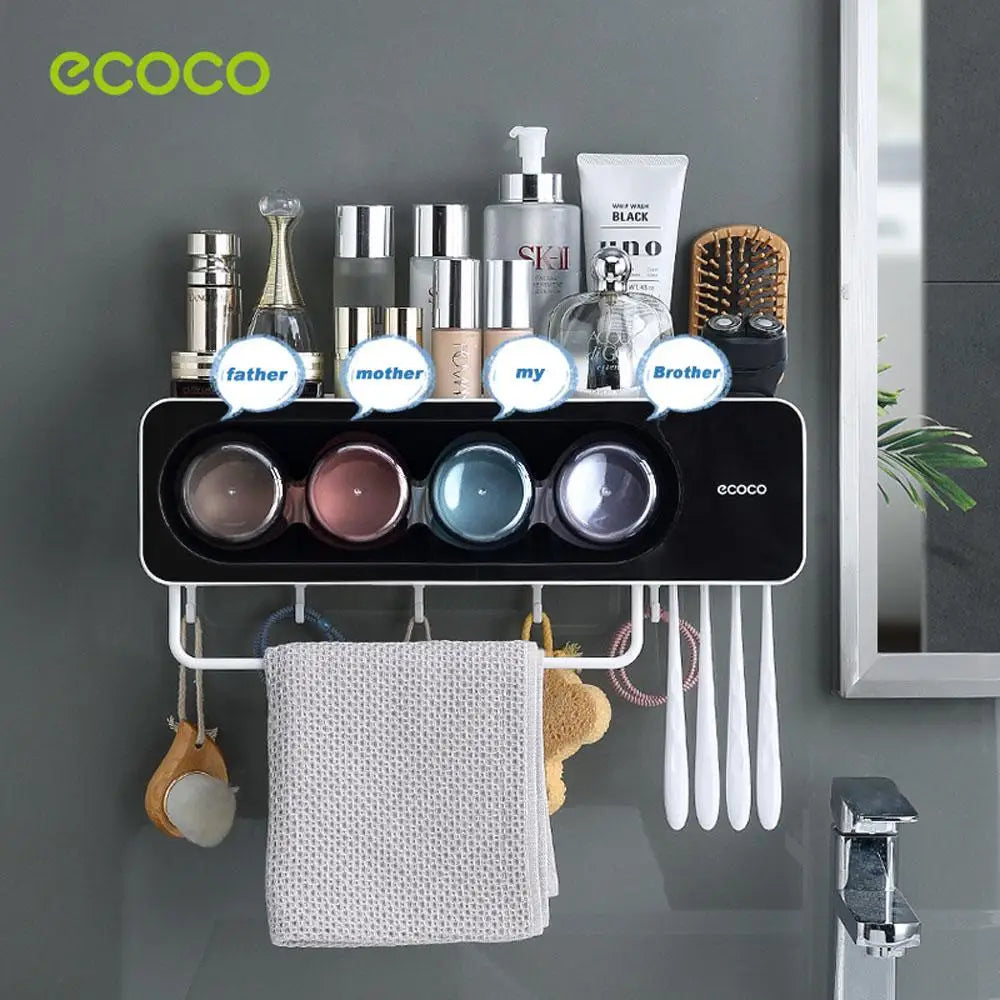Ecoco Wall-Mounted Toothbrush Holder with 4 Cups and 4 Toothbrush Slots Toiletries Bathroom Storage Rack Black - Home &