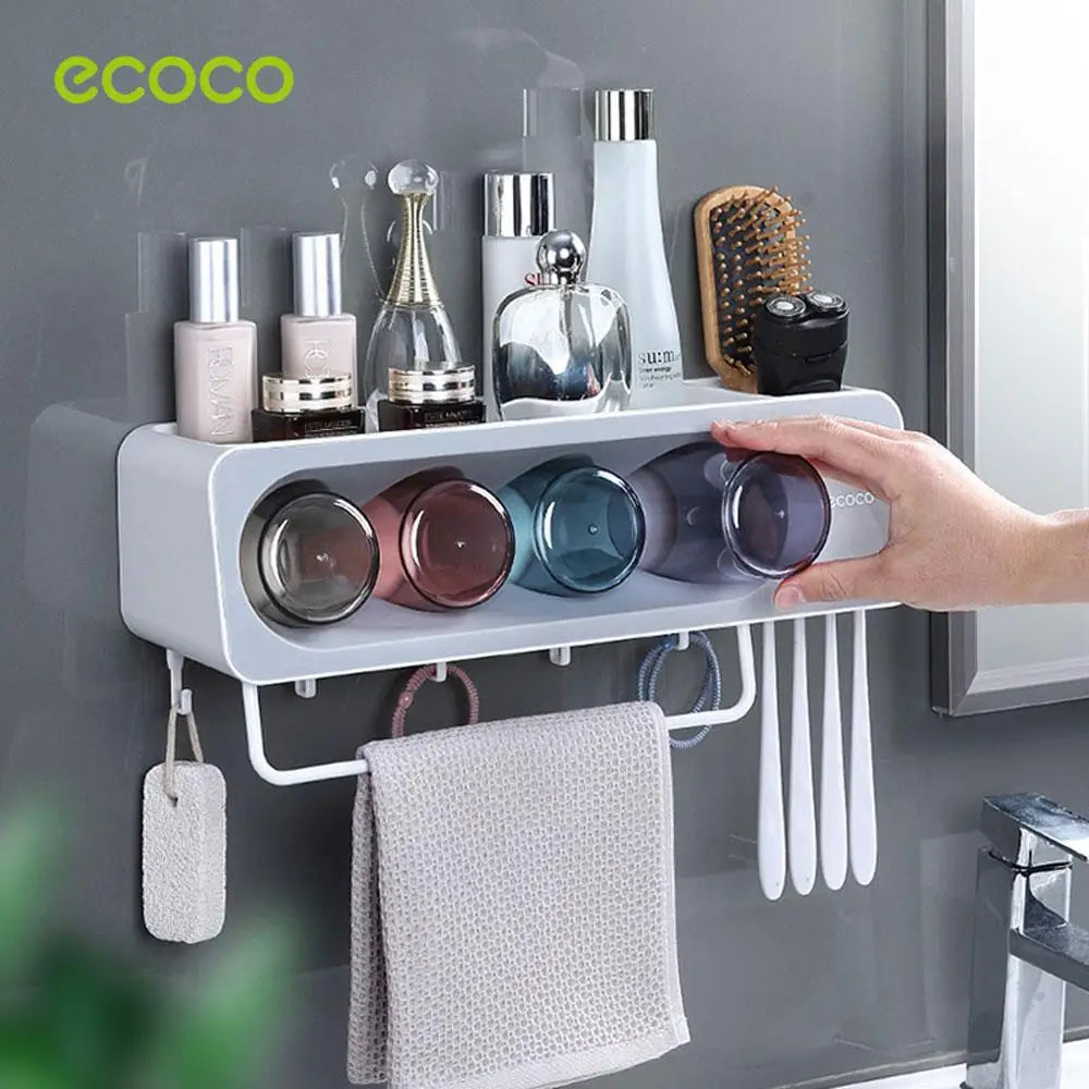 Ecoco Wall-Mounted Toothbrush Holder with 4 Cups and 4 Toothbrush Slots Toiletries Bathroom Storage Rack Grey - Home &