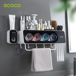 Ecoco Wall-Mounted Toothbrush Holder with 4 Cups and 4 Toothbrush Slots Toiletries Bathroom Storage Rack Grey - Home &