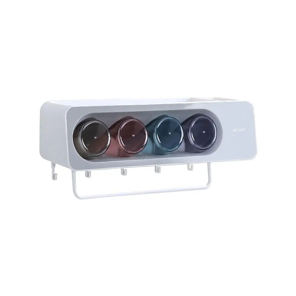 Ecoco Wall-Mounted Toothbrush Holder with 4 Cups and 4 Toothbrush Slots Toiletries Bathroom Storage Rack Grey - Home &
