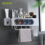 Ecoco Wall-Mounted Toothbrush Holder with 4 Cups and 4 Toothbrush Slots Toiletries Bathroom Storage Rack Grey - Home &