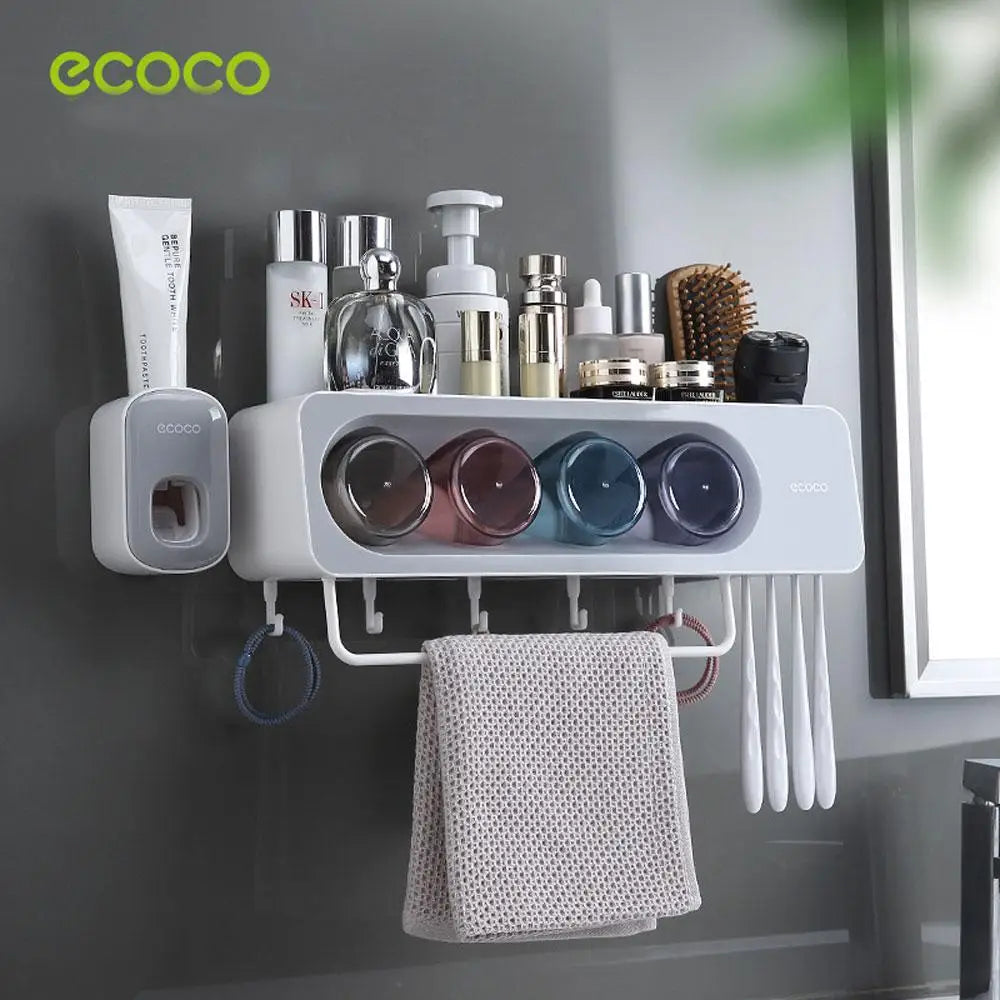 Ecoco Wall-Mounted Toothbrush Holder with 4 Cups and 4 Toothbrush Slots Toiletries Bathroom Storage Rack Grey - Home &