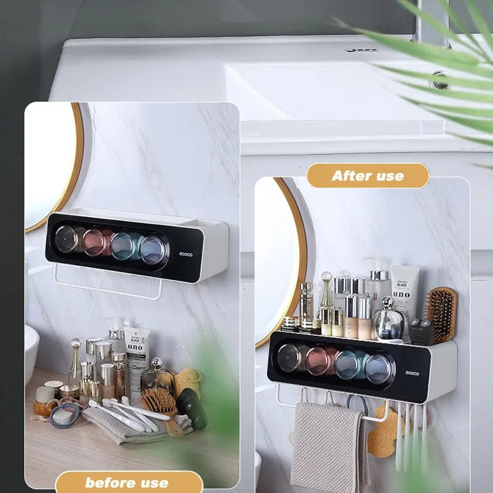 Ecoco Wall-Mounted Toothbrush Holder with 4 Cups and 4 Toothbrush Slots Toiletries Bathroom Storage Rack Black - Home &