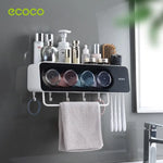 Ecoco Wall-Mounted Toothbrush Holder with 4 Cups and 4 Toothbrush Slots Toiletries Bathroom Storage Rack Black - Home &
