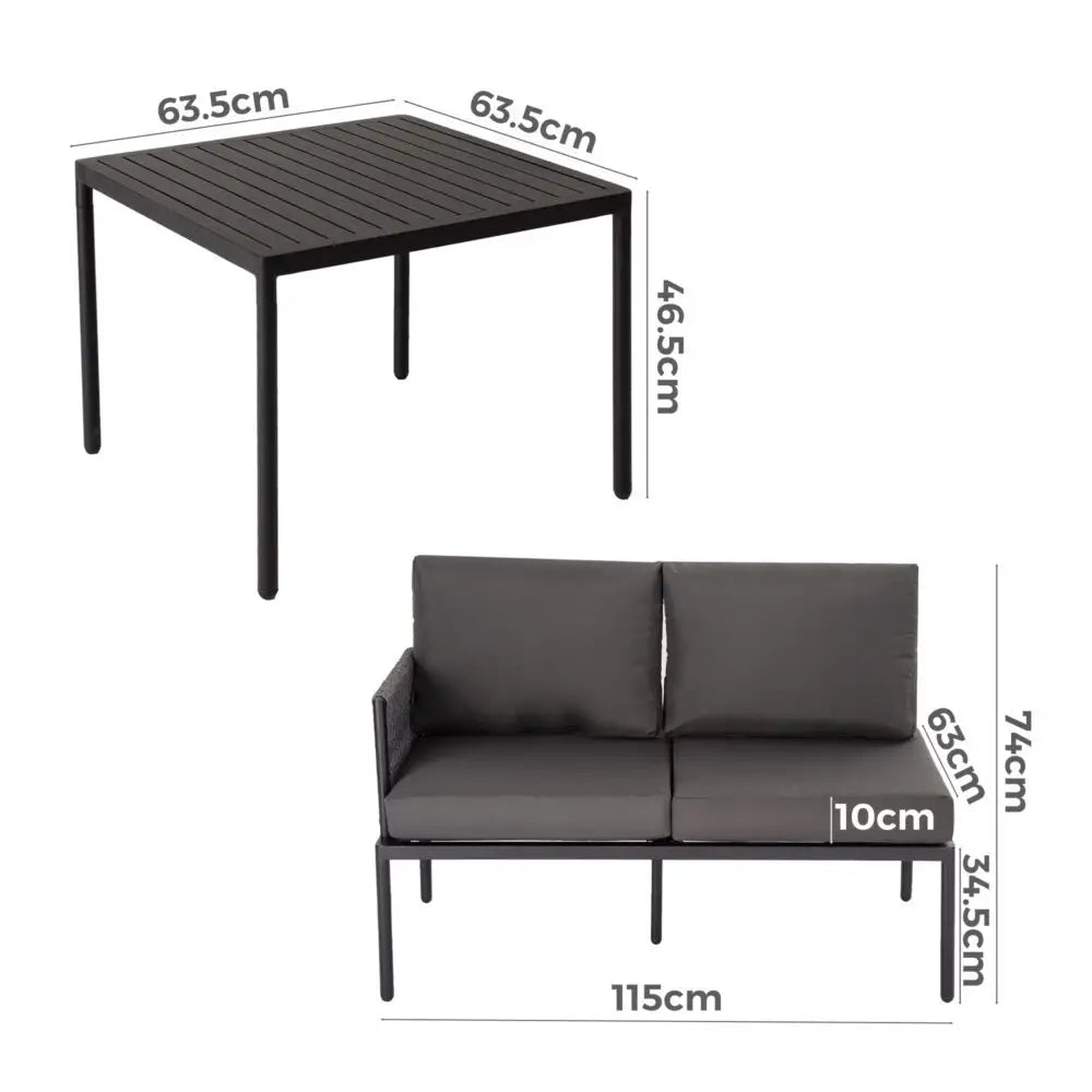 Eden 4-Seater Outdoor Lounge Set with Coffee Table in Black-Stylish Textile and Rope Design - Furniture > Outdoor