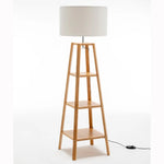 Eiffel 3 Tier Natural Wood Floor Lamp w/ Storage Shelves + Off White Linen Shade - Home & Garden > Lighting > Floor