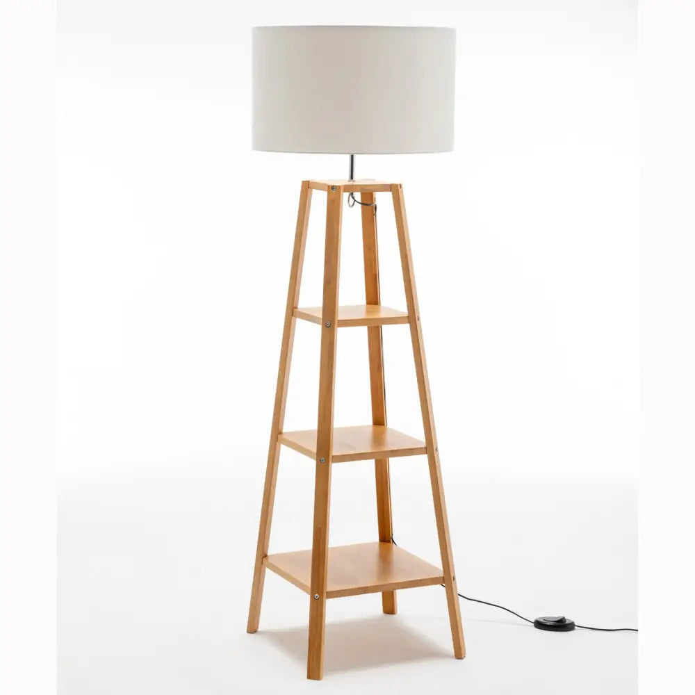 Eiffel 3 Tier Natural Wood Floor Lamp w/ Storage Shelves + Off White Linen Shade - Home & Garden > Lighting > Floor