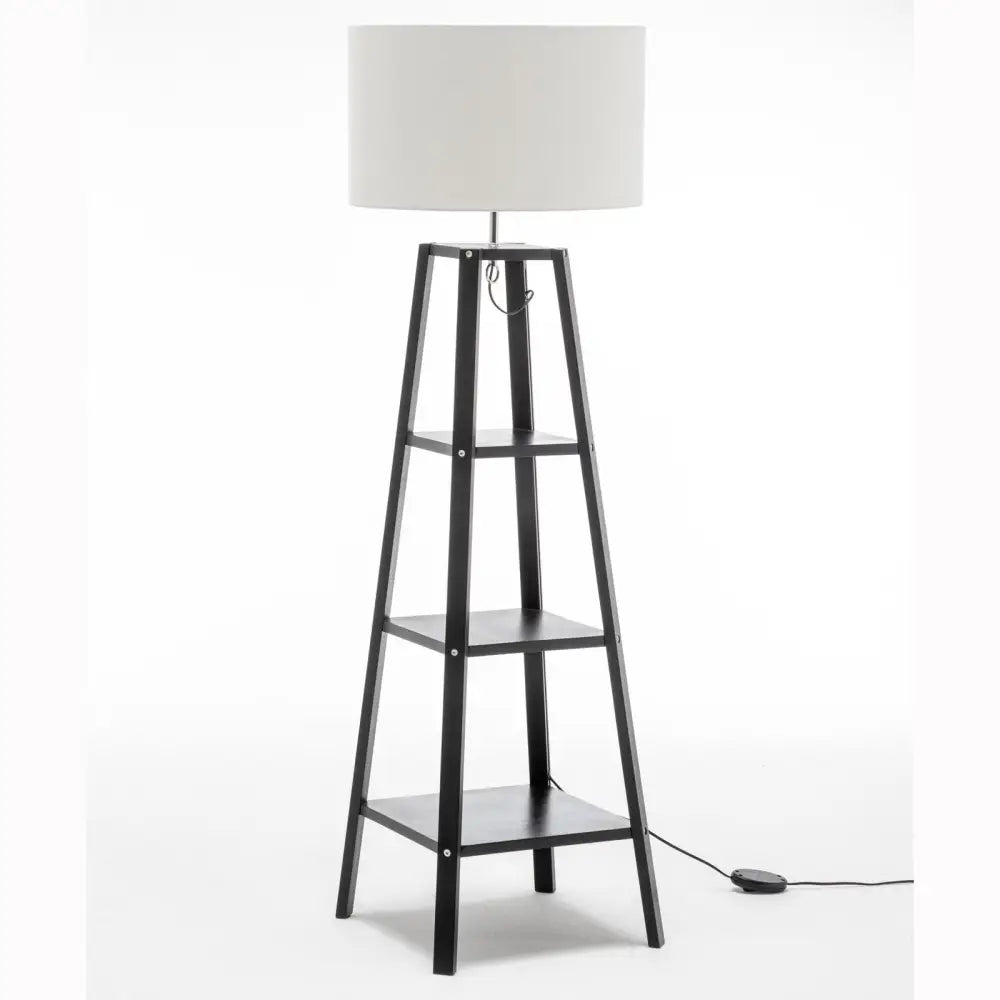 Eiffel 3 Tier Natural Wood Floor Lamp w/ Storage Shelves + Off White Linen Shade - Home & Garden > Lighting > Floor
