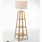 Eiffel 3 Tier Natural Wood Floor Lamp w/ Storage Shelves + Off White Linen Shade - Home & Garden > Lighting > Floor