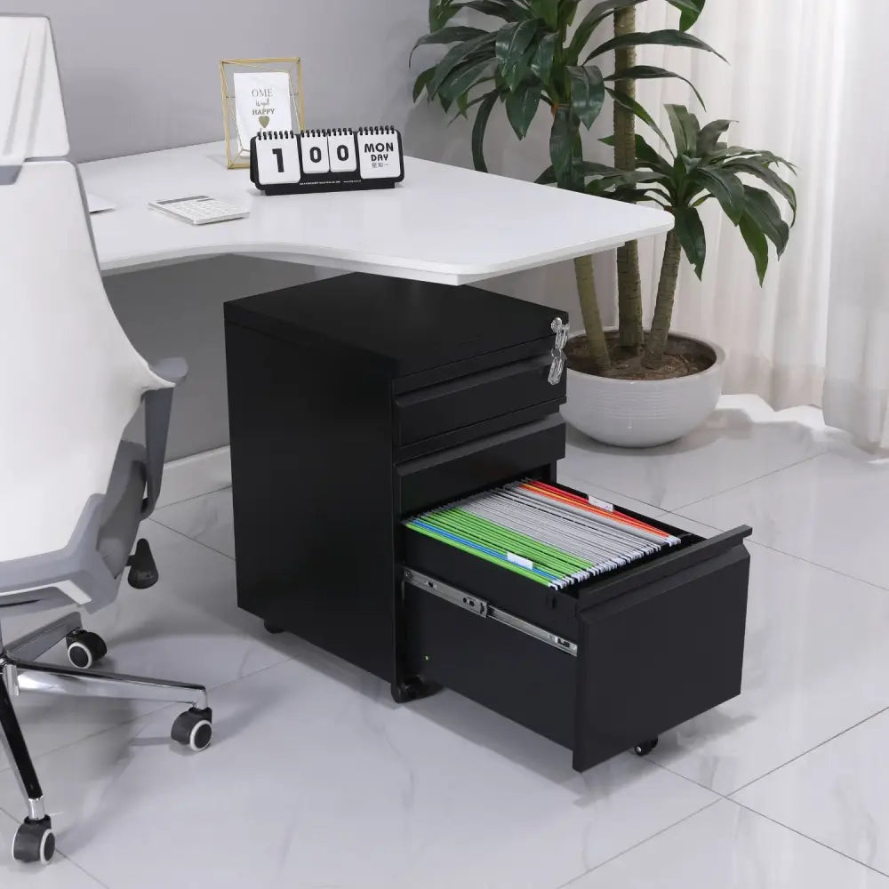 EKKIO 3 Drawer Mobile File Cabinet with Lock (Black) EK-FCD-100-XM - Furniture > Office