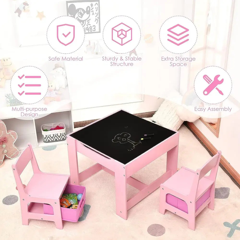 EKKIO 3PCS Kids Table with Lego Baseplate and Chairs Set with Black Chalkboard (Pink) EK-KTCS-105-RHH - Baby & Kids >