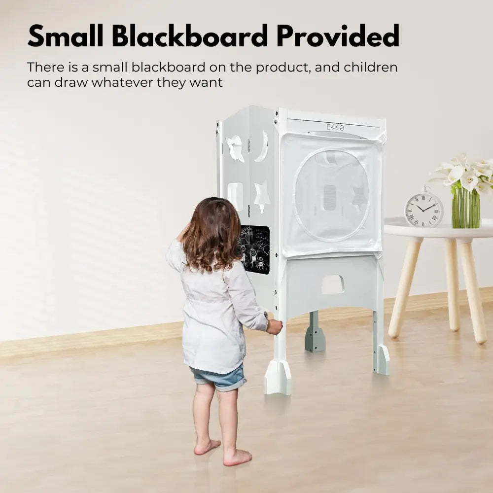 EKKIO Folding Kitchen Kids Step Stool with Chalkboard- Saturn Moon Square and Star Shape Design (White) EK-KSS-100-LFA