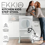 EKKIO Folding Kitchen Kids Step Stool with Chalkboard- Saturn Moon Square and Star Shape Design (White) (Without Toy)