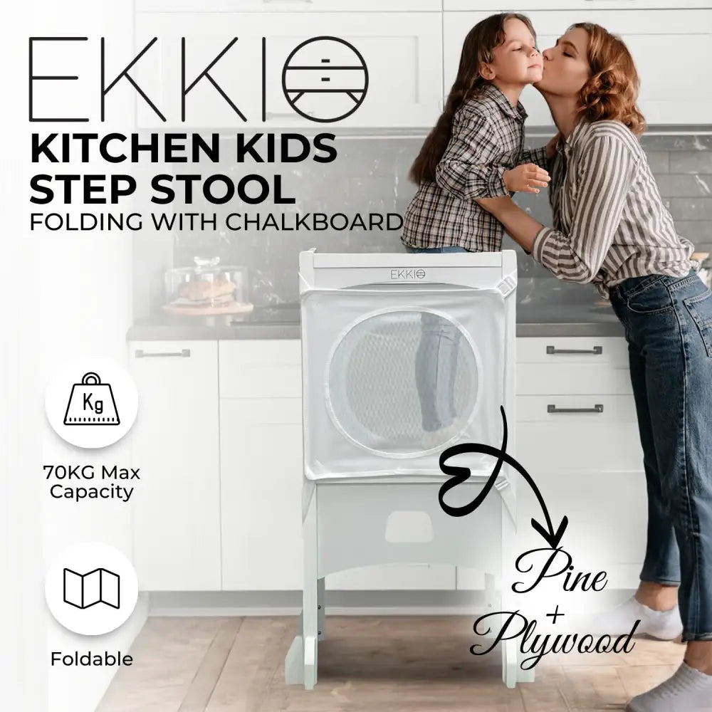 EKKIO Folding Kitchen Kids Step Stool with Chalkboard- Saturn Moon Square and Star Shape Design (White) (Without Toy)
